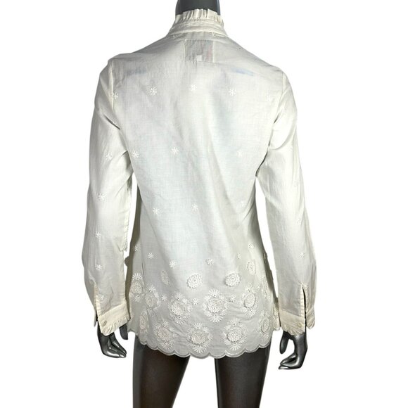 Bell Fine Garments White Embroidered Long Sleeve Button-Up Blouse With Scalloped - Picture 2 of 7